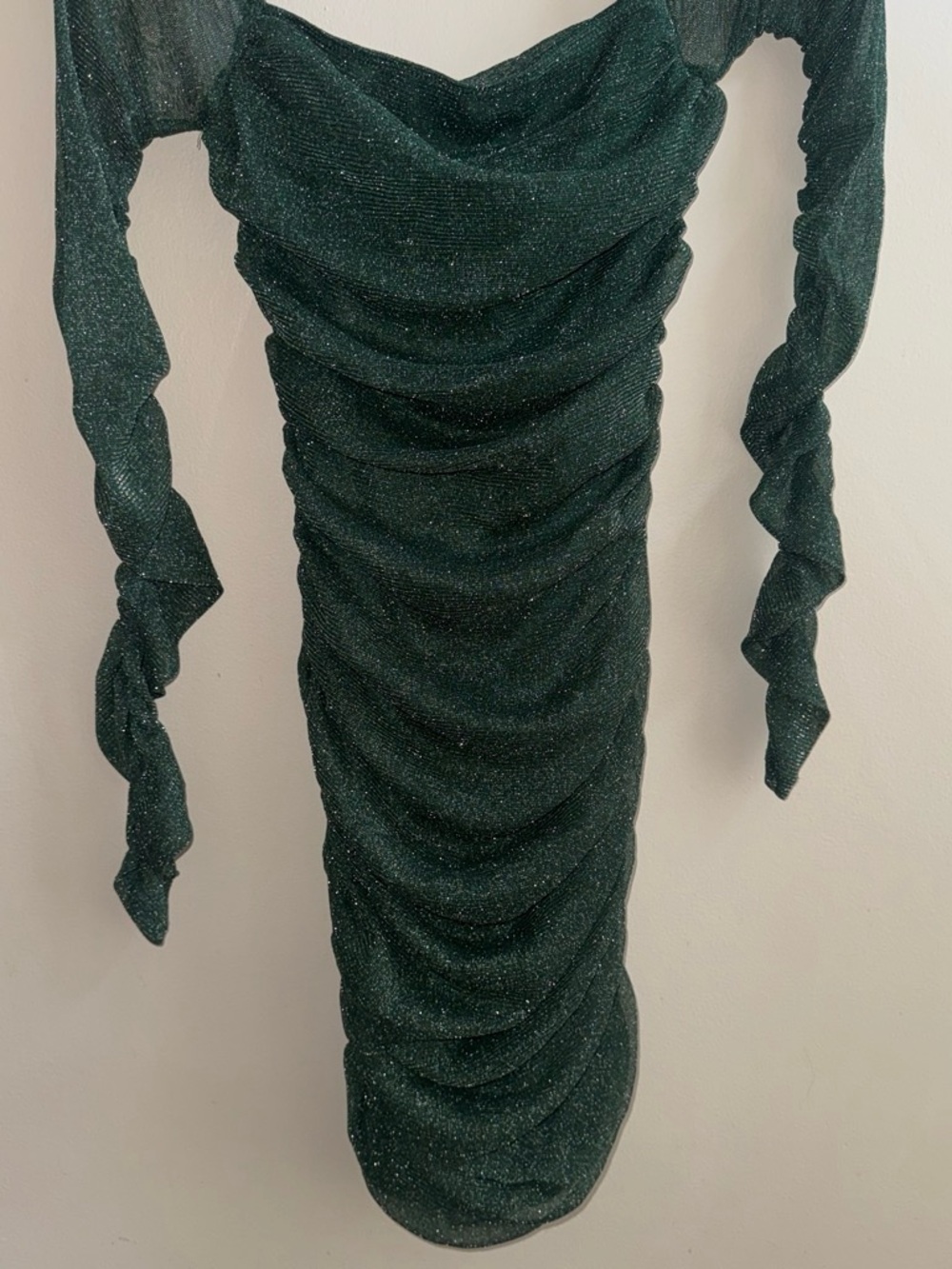 SHEIN Emerald Green Shimmer Ruched Long-Sleeve Dress
